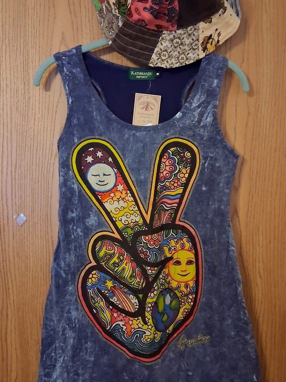 Kathmandu Indigo Tie-Dye Peace Sign Tank Top Sz S & Upcycle Boho Hat